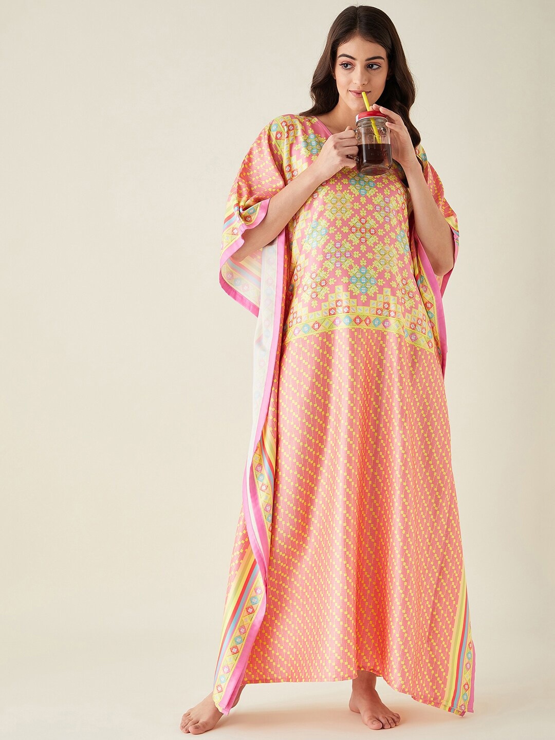 

The Kaftan Company Women Printed Maxi Nightdress, Pink