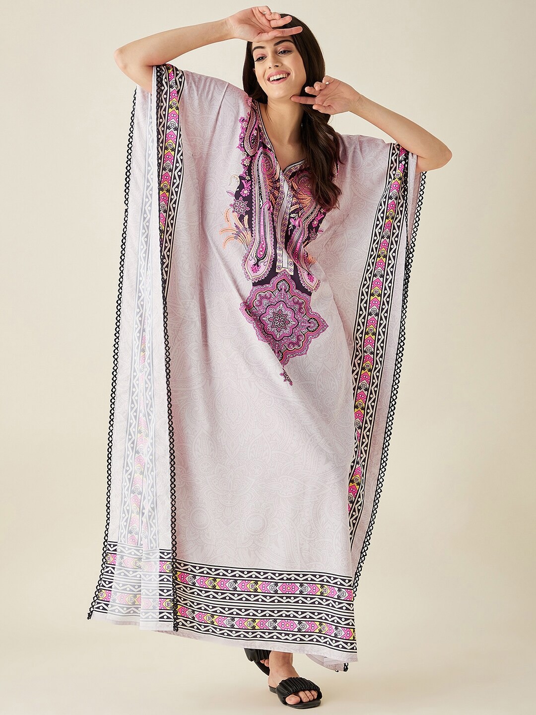 

The Kaftan Company Women Printed Maxi Nightdress, Grey