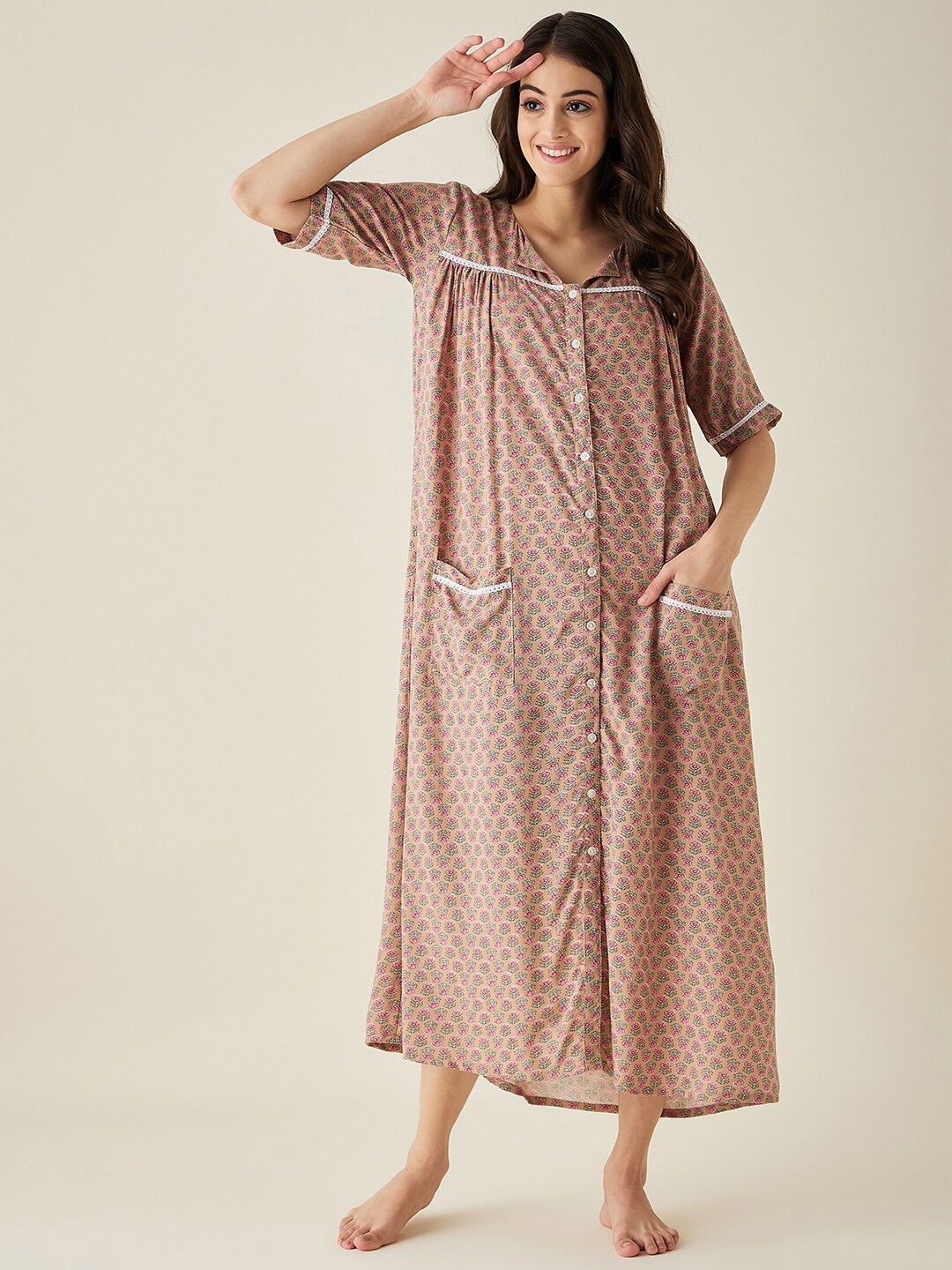 

The Kaftan Company Women Printed Maxi Nightdress, Beige