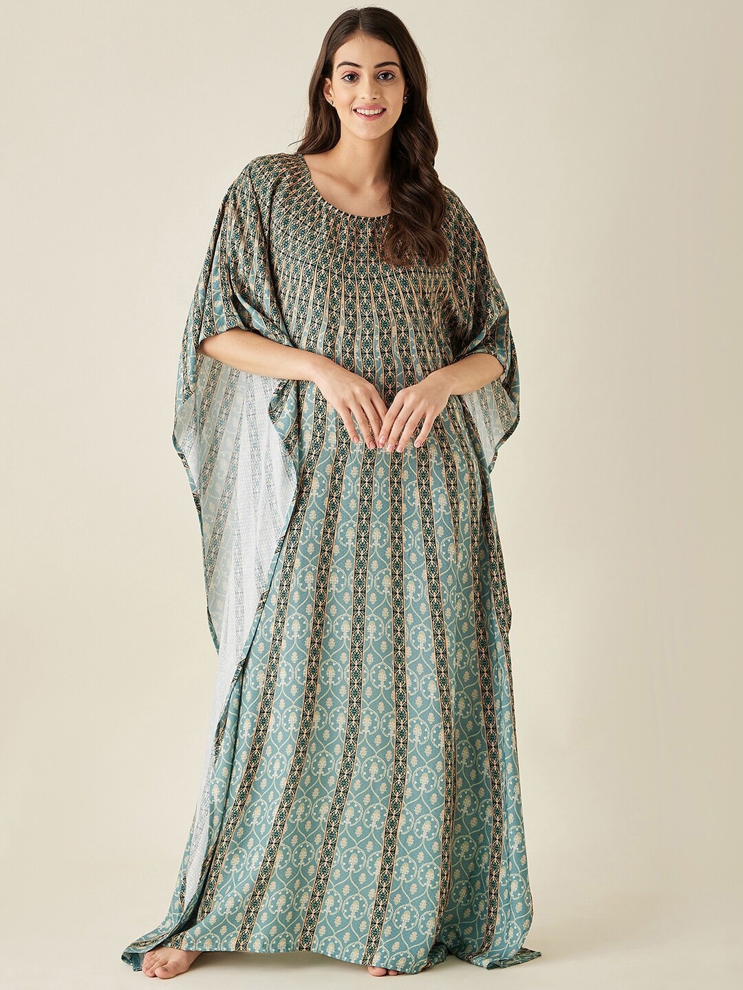 

The Kaftan Company Women Printed Maxi Nightdress, Sea green
