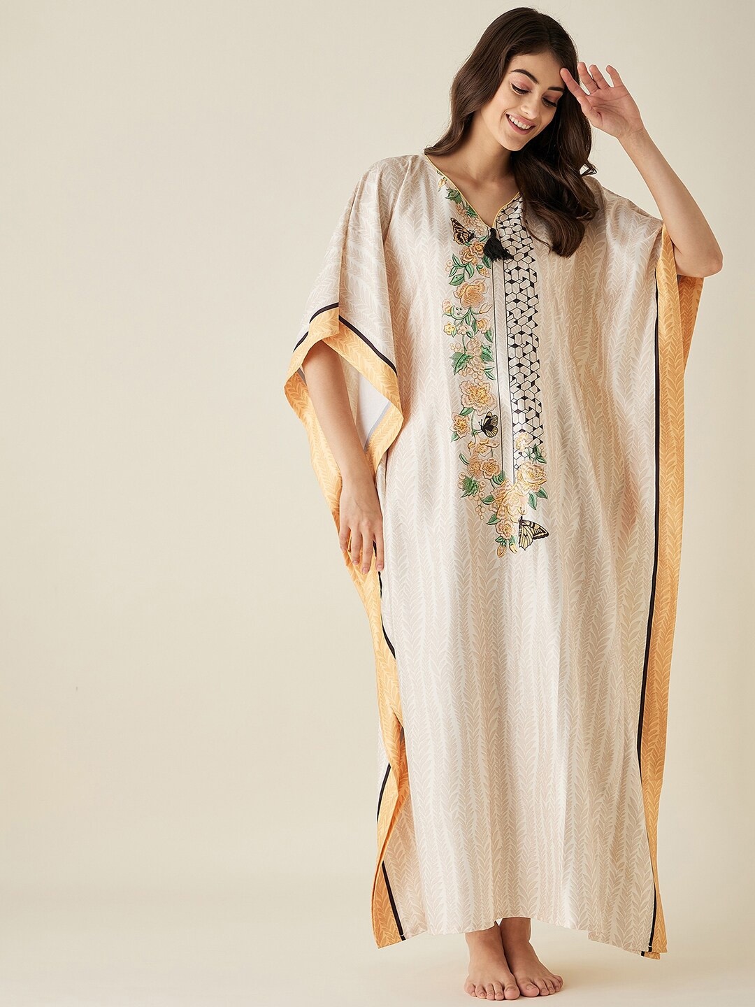 

The Kaftan Company Women Printed Maxi Nightdress, Off white