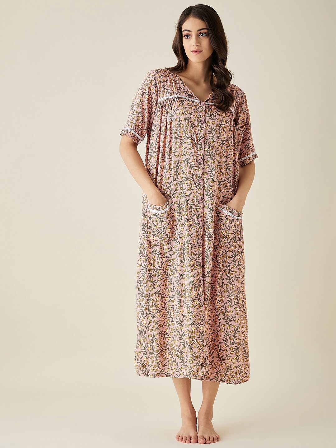 

The Kaftan Company Printed Maxi Nightdress, Pink