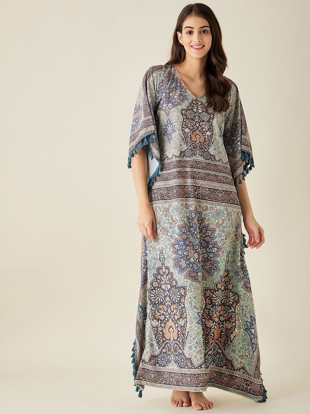 

The Kaftan Company Women Printed Maxi Nightdress, Sea green