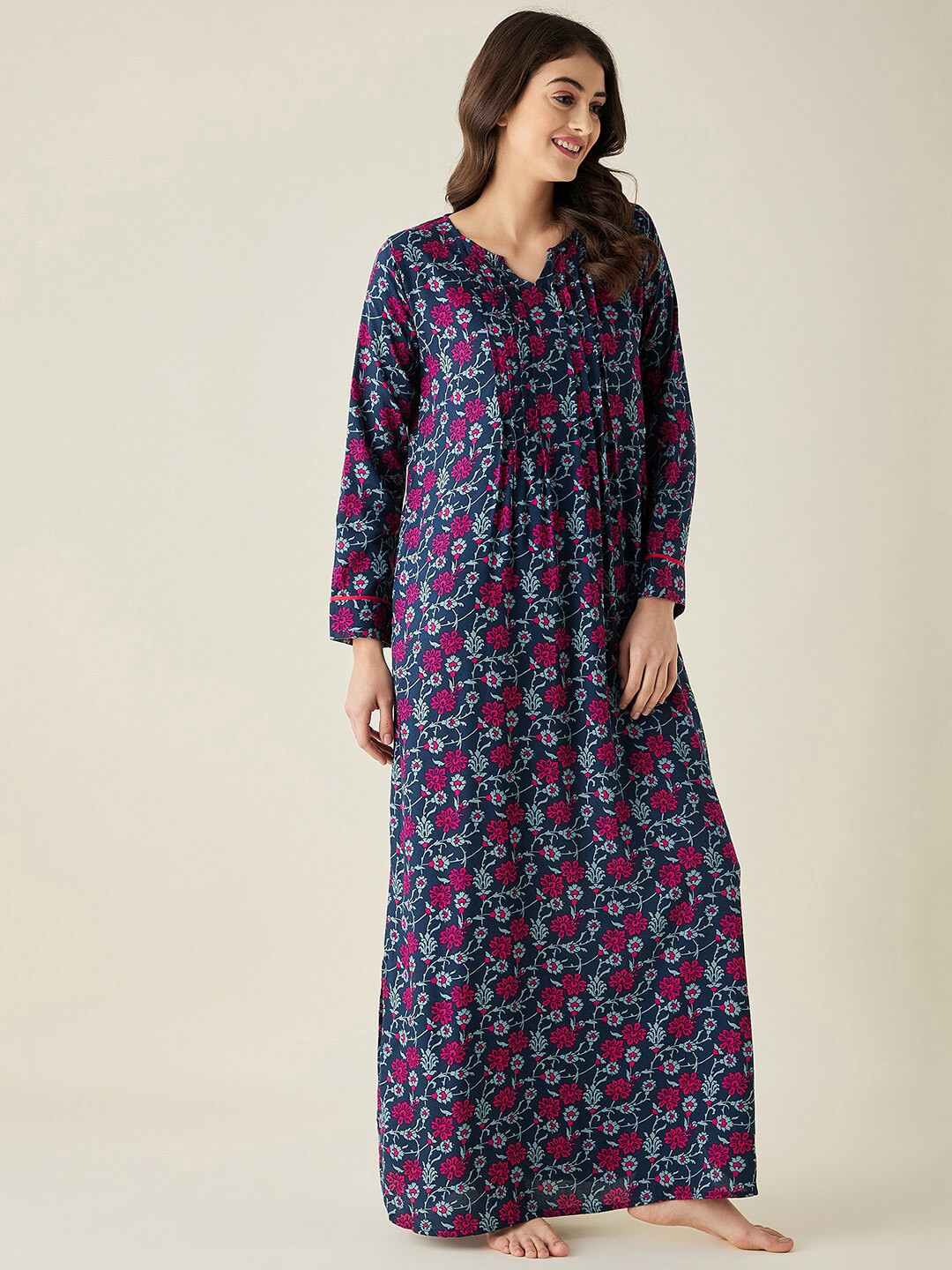 

The Kaftan Company Women Printed Maxi Nightdress, Navy blue