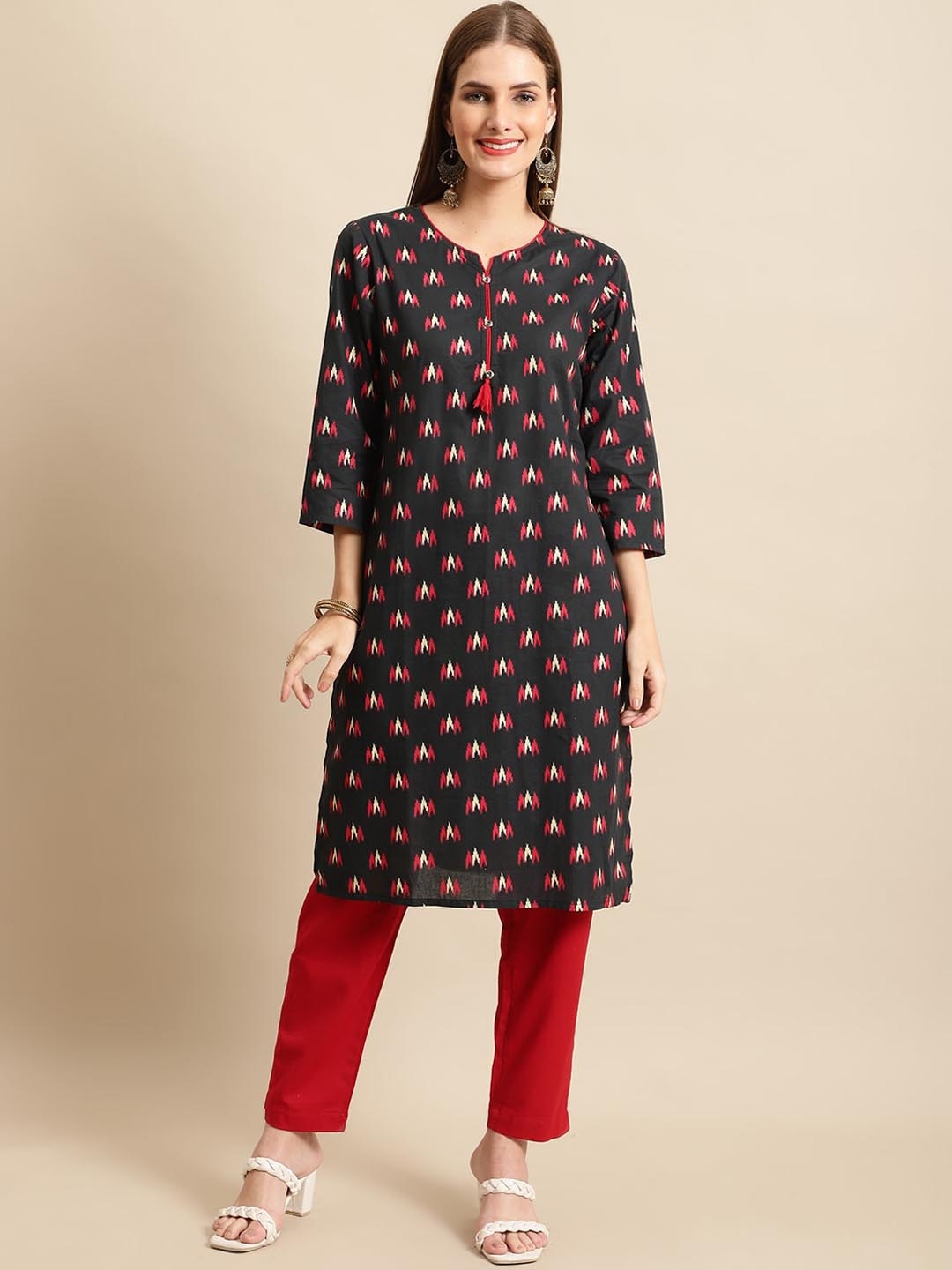 

Pistaa Abstract Printed Cotton Notch Neck Straight Kurta, Black