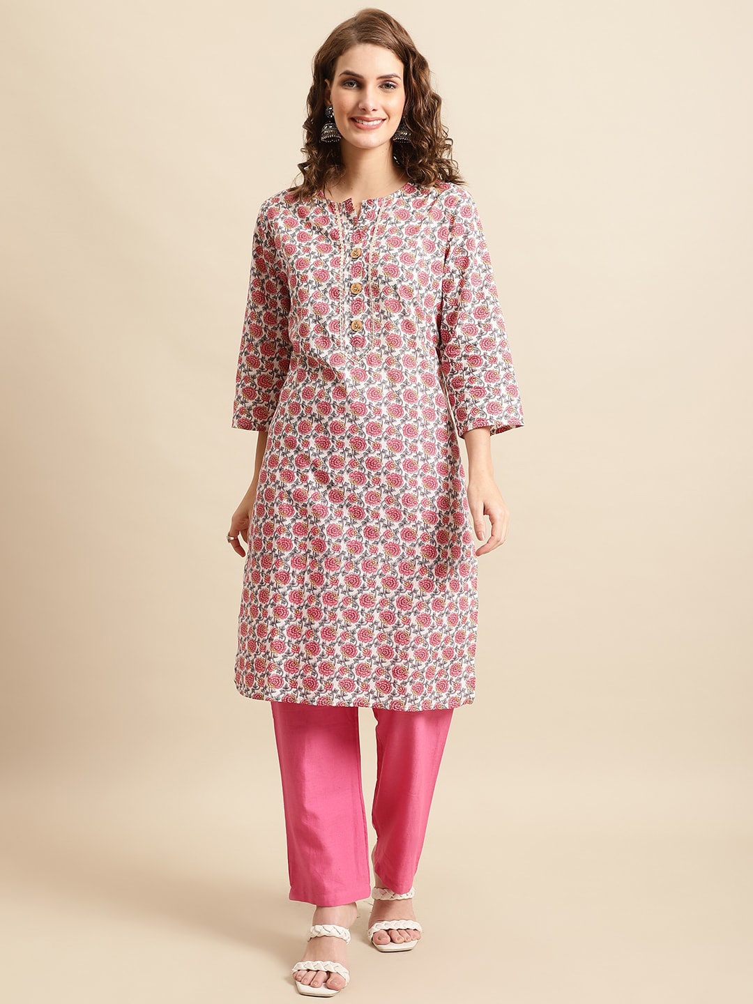 Pistaa Floral Printed A-Line Regular Cotton Kurta, Off white