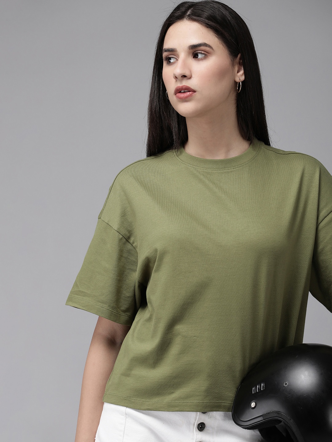 

Roadster Women Solid Boxy T-shirt, Olive