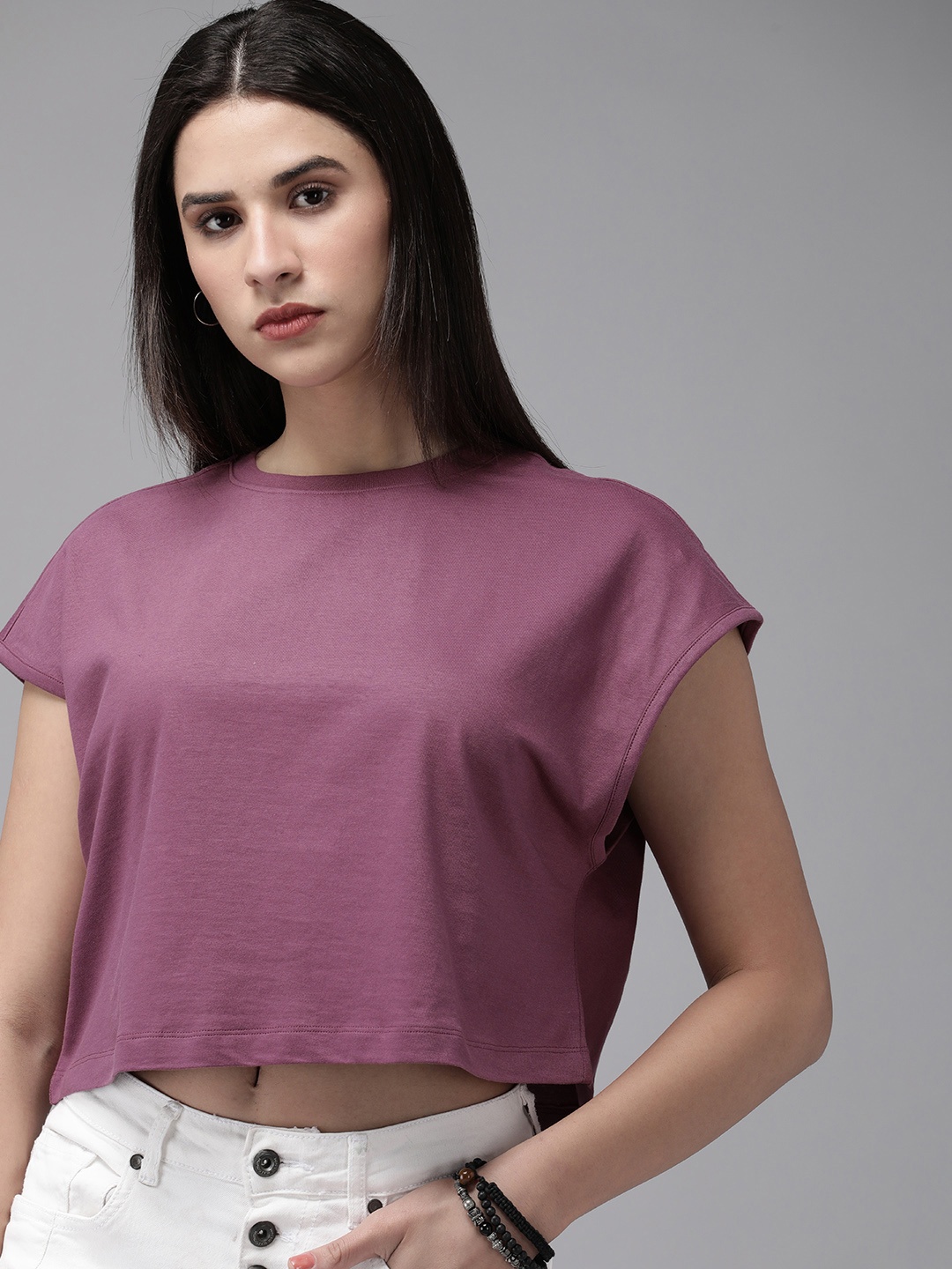 

Roadster Women Solid Boxy Crop T-shirt, Purple