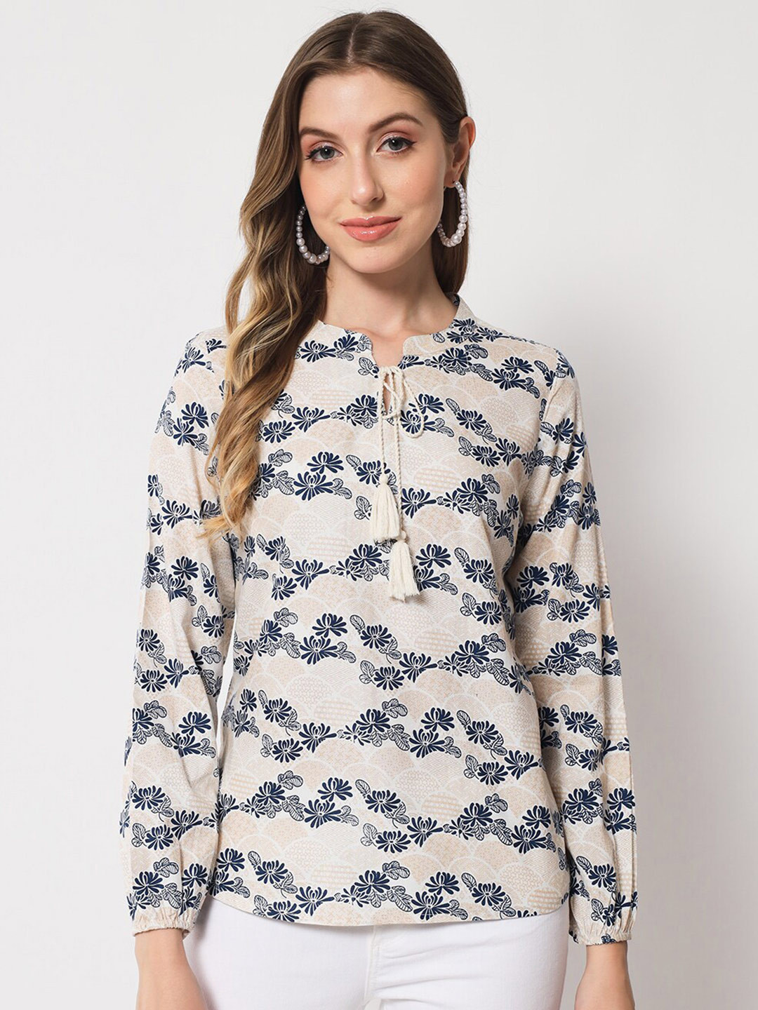 

HERE&NOW Floral Print Tie-Up Neck Top, Beige