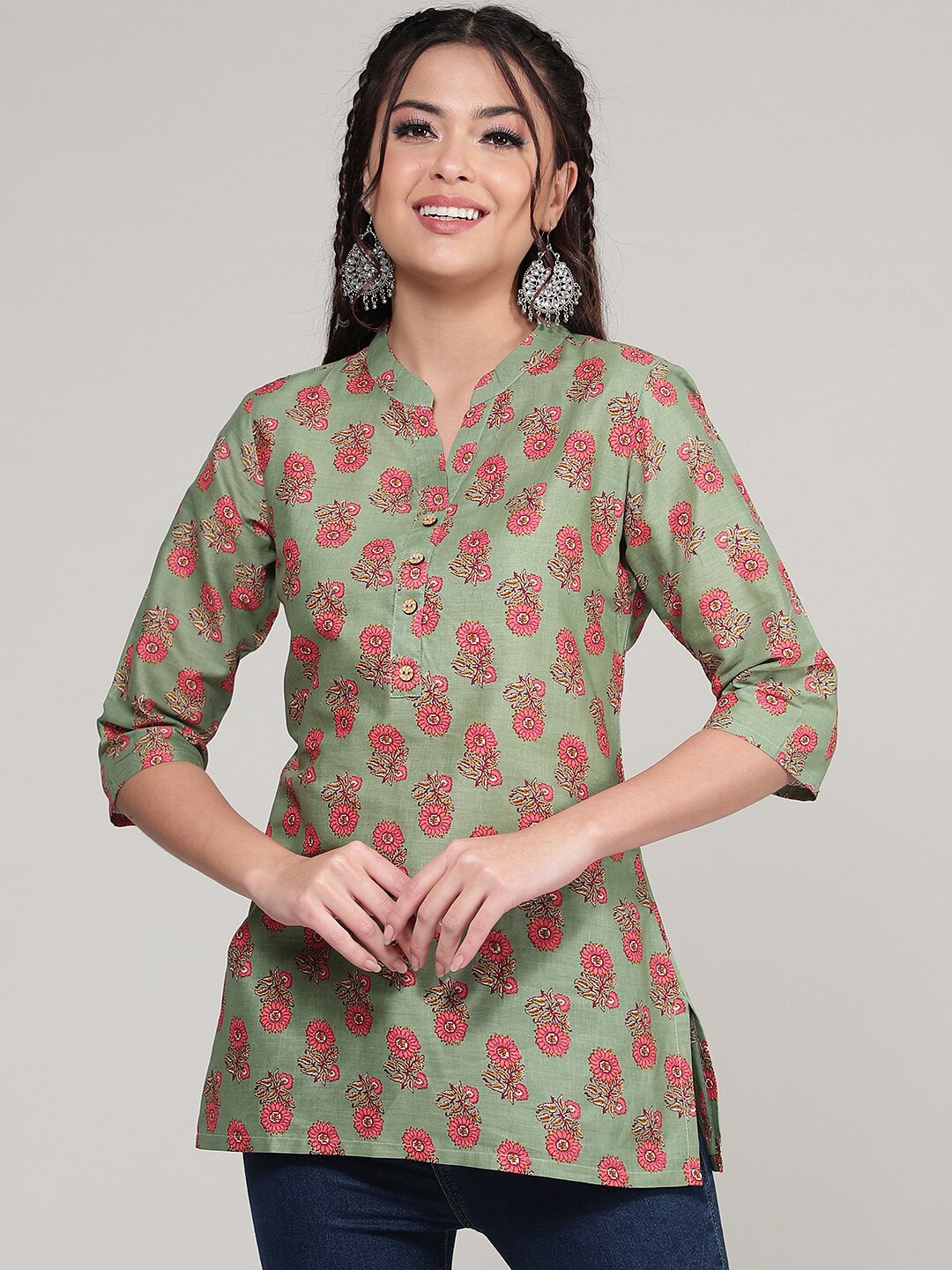 

J Turritopsis Floral Printed Pure Cotton Kurti, Green