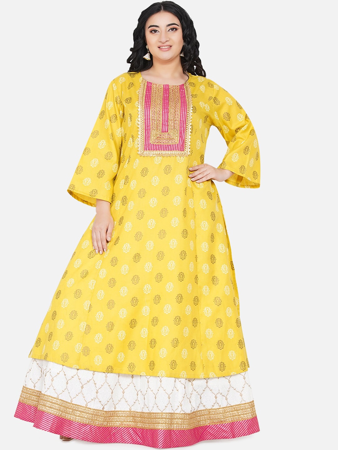 

Love More Women Plus Size Floral Printed Gotta Patti Kurta with Skirt, Mustard
