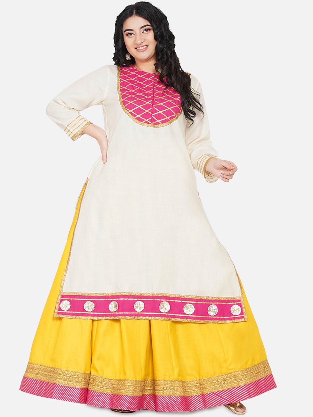 

Love More Women Plus Size Yoke Design Gotta Patti Kurta with Skirt, White