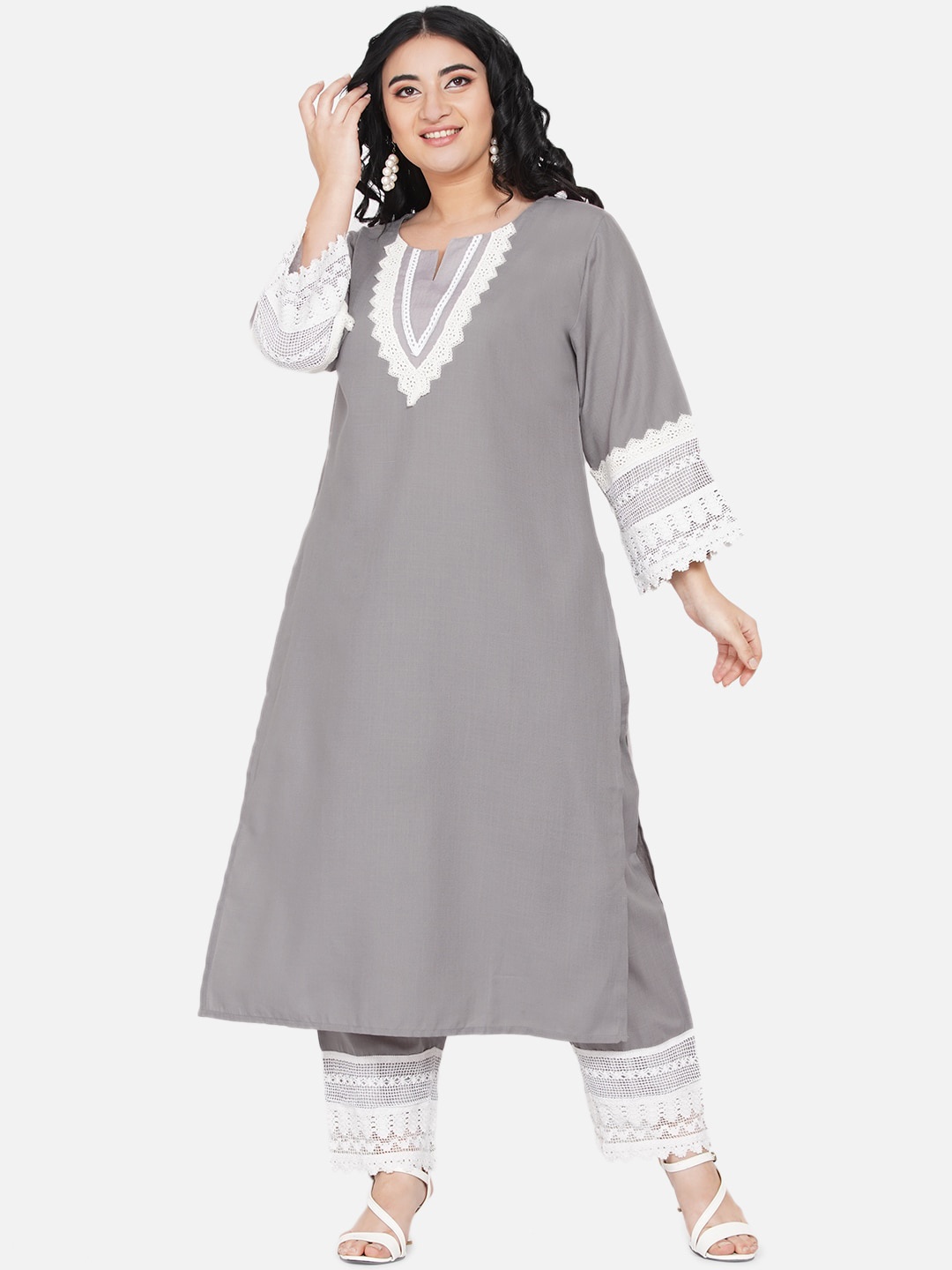 

Love More Women Plus Size Kurta with Trousers, Grey