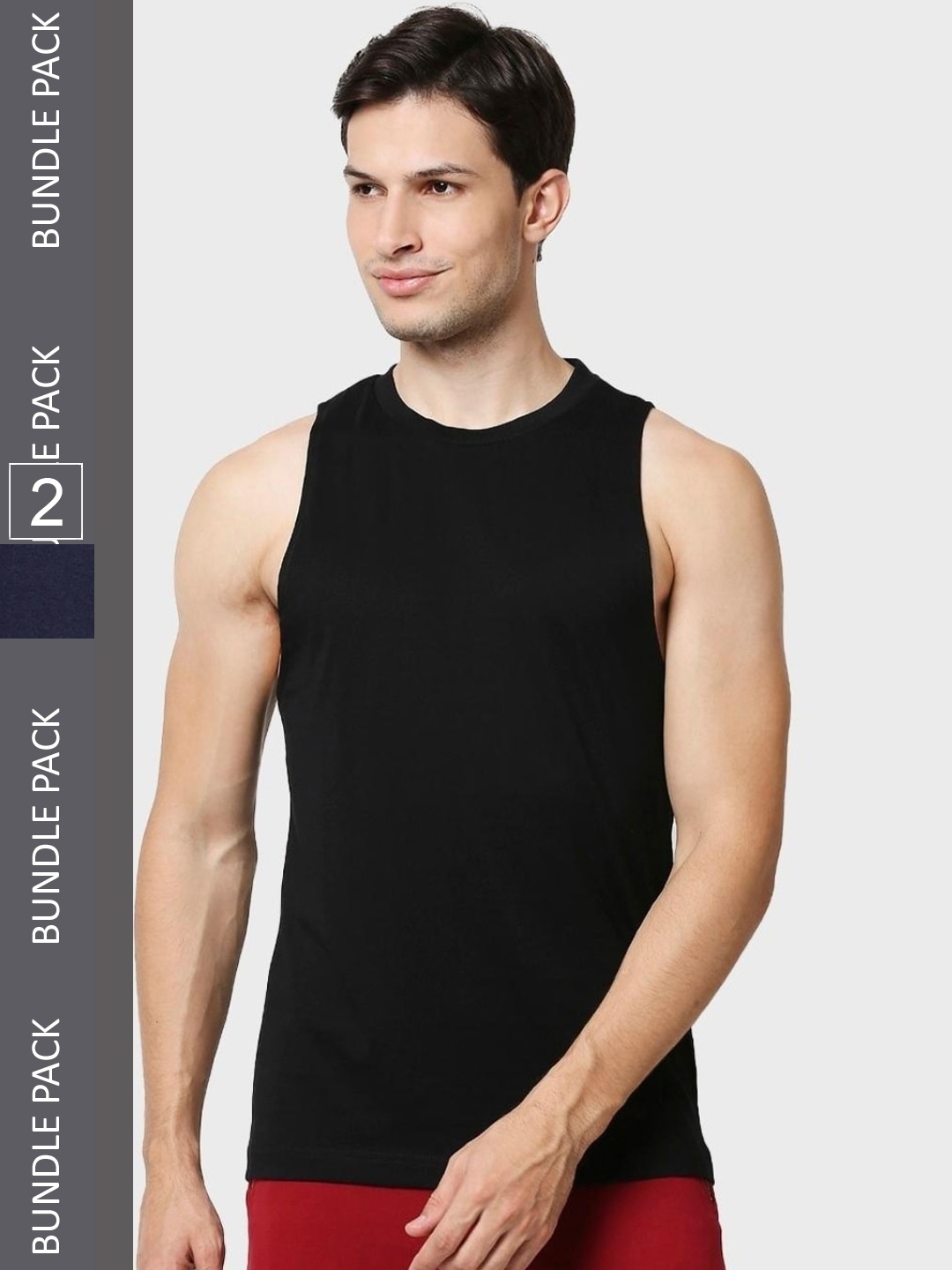 

Bewakoof Men Pack of 2 Cotton Regular Fit Innerwear Basic Vest, Black