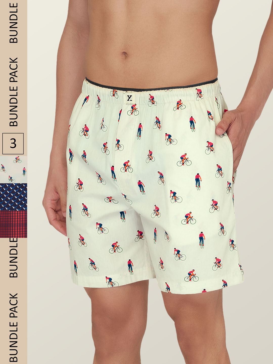 

XYXX Men Pack Of 3 Printed Super Combed Cotton Boxer Shorts, Cream