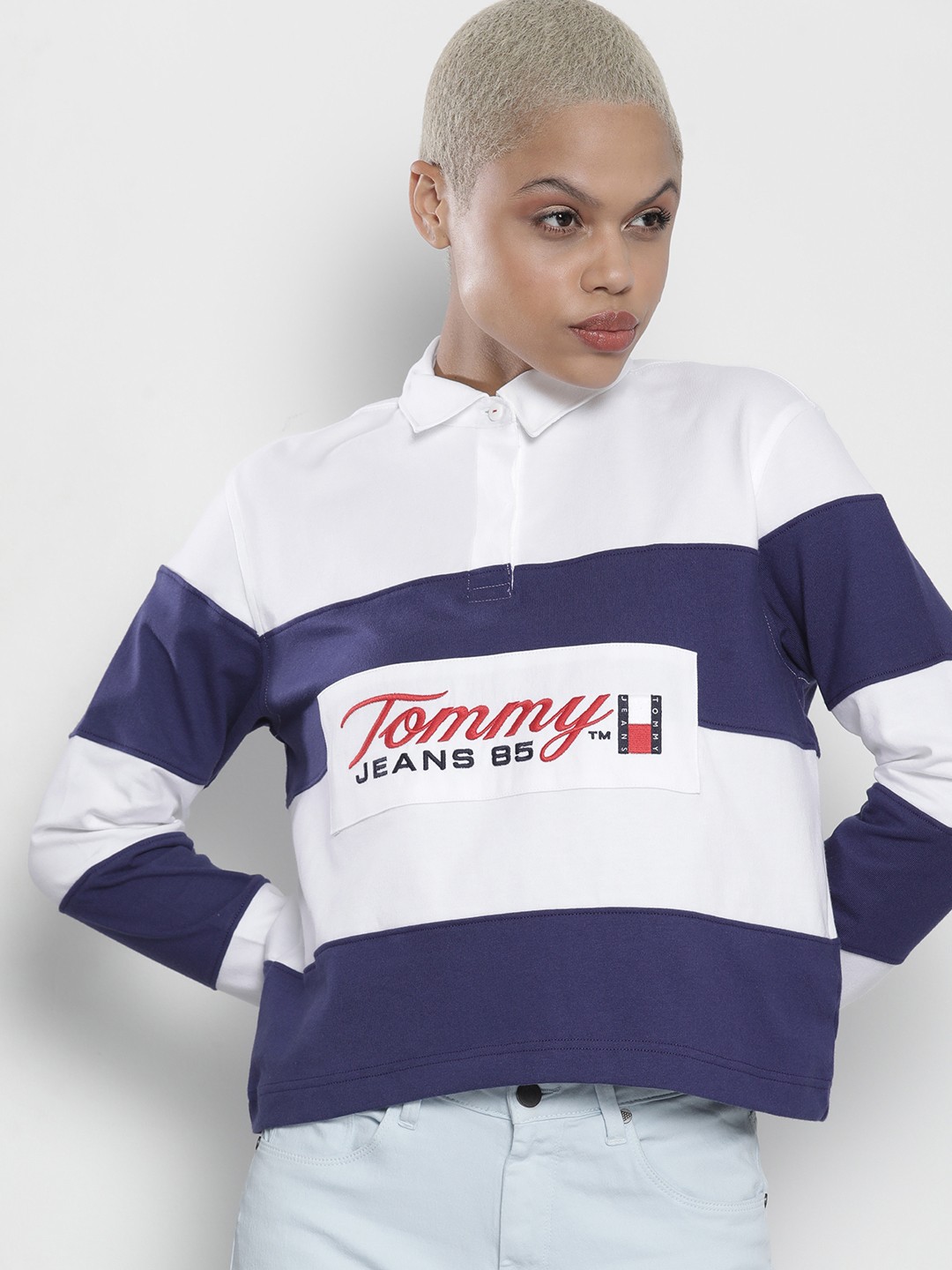 

Tommy Hilfiger Women Sustainable Pure Cotton Striped Polo Collar T-shirt, White