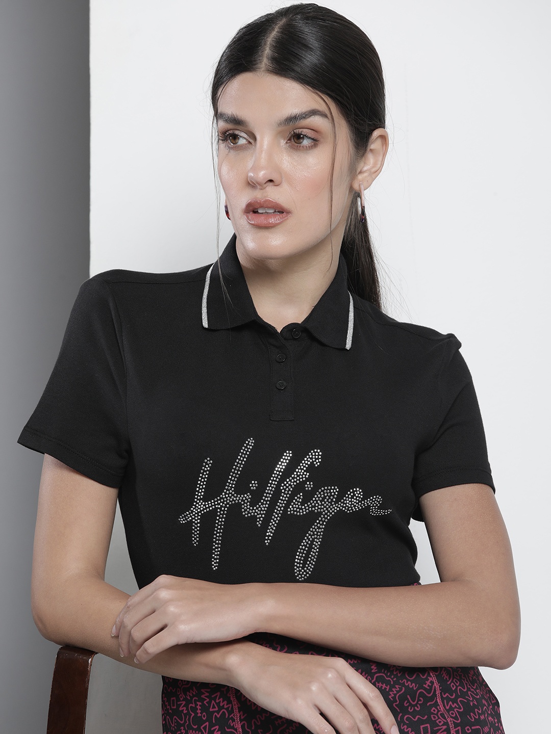 

Tommy Hilfiger Women Brand Logo Printed Polo Collar T-shirt, Black