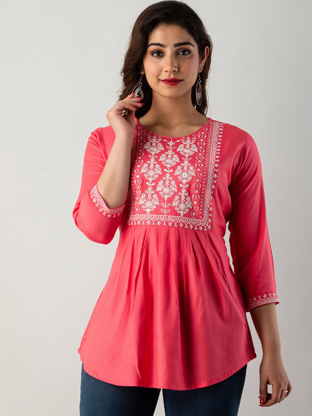 

KALINI Floral Embroidered Round Neck Top, Peach