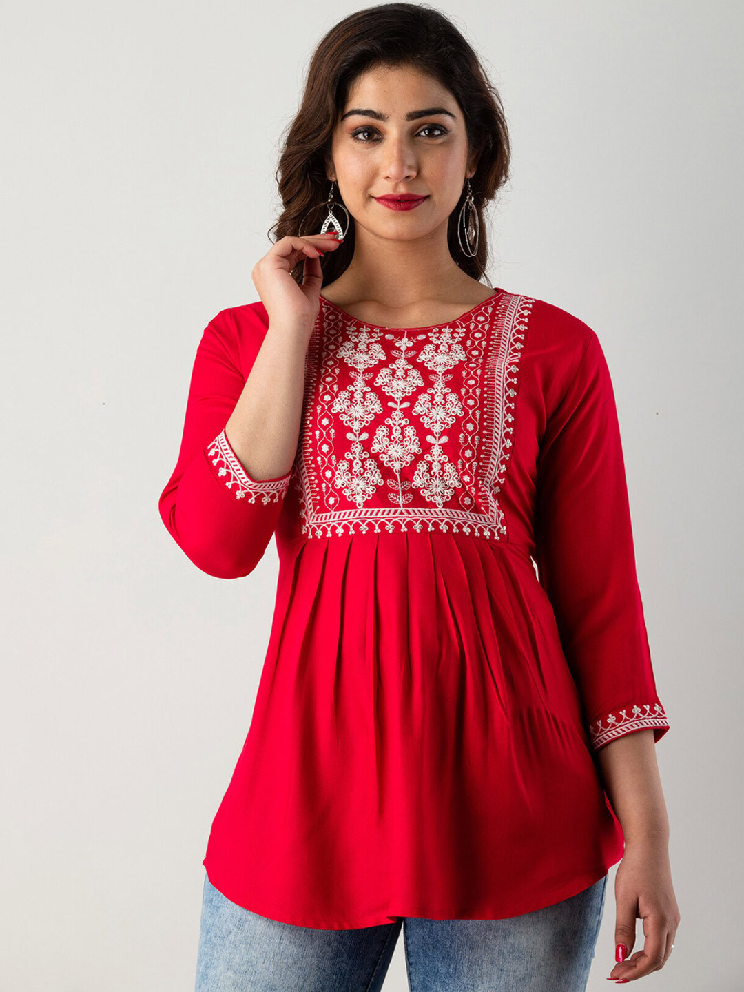 

KALINI Embroidered Longline Top, Red