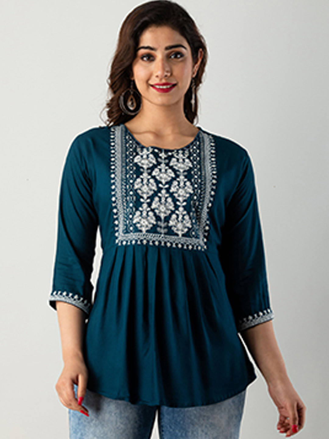

KALINI Embroidered Longline Top, Teal