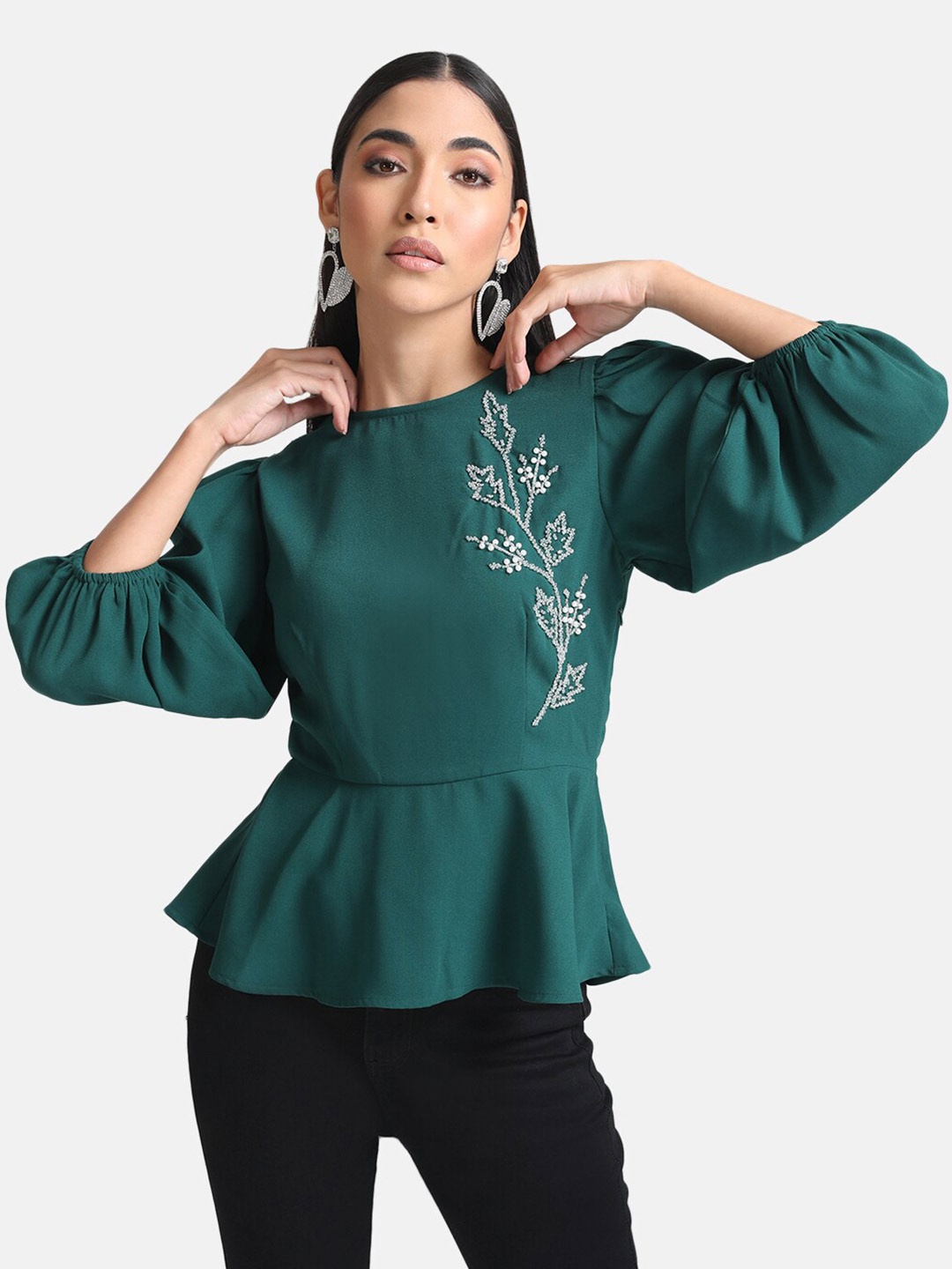 

Kazo Green Embellished Embellished Peplum Top