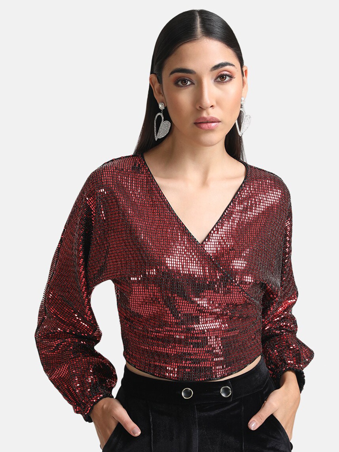 

Kazo Red Embellished Wrap Top