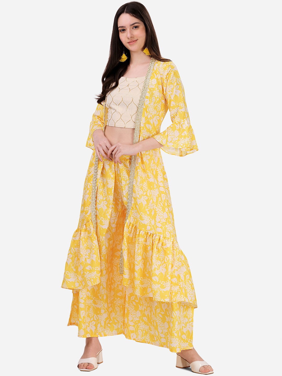 

HERE&NOW Floral Printed Thread Work Top with Palazzos, Yellow