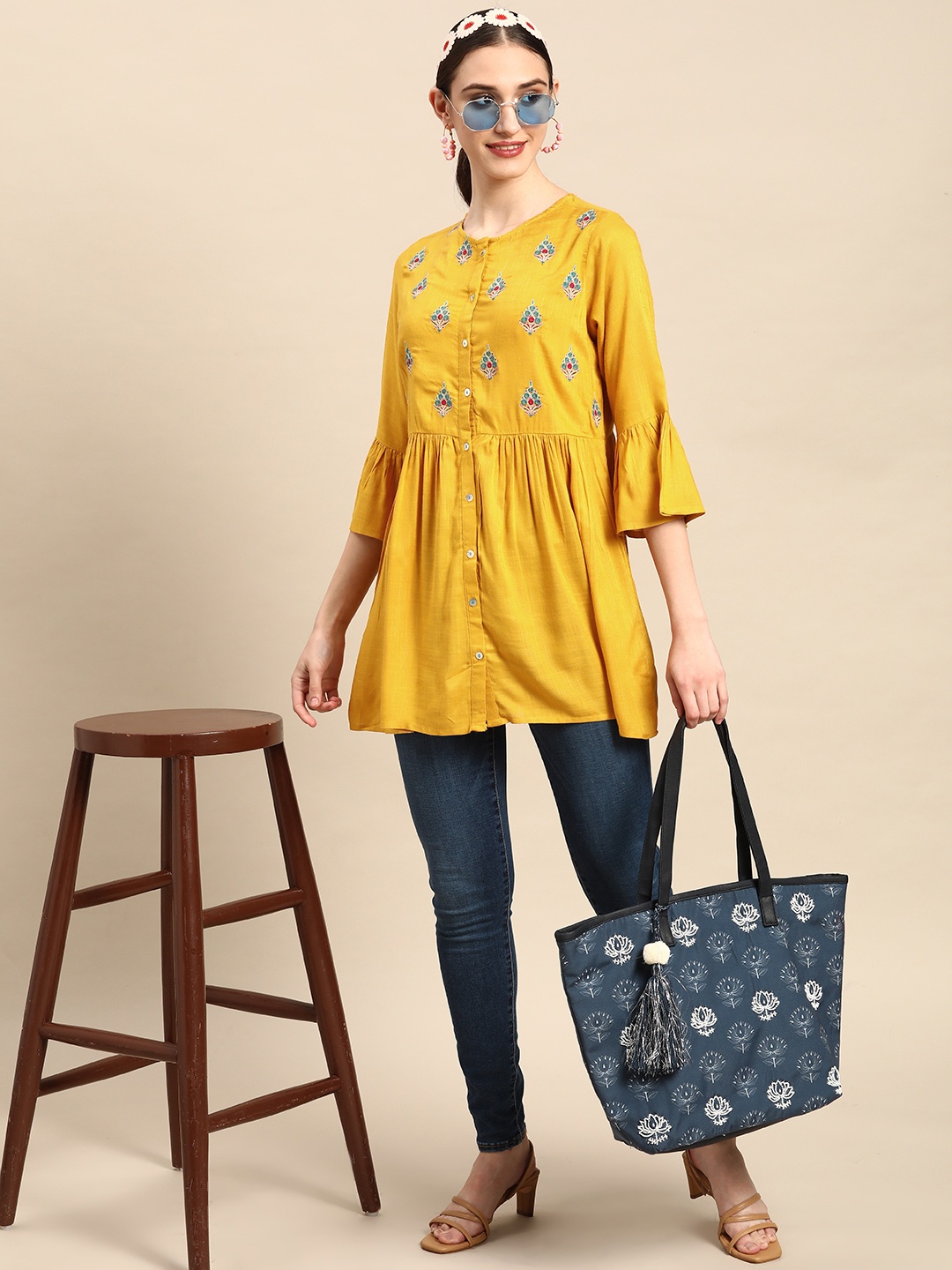 

Sangria Floral Embroidered Bell Sleeves Empire Kurti, Yellow