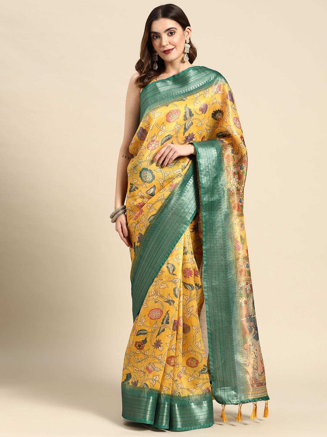 

Kaizen TEXO FAB Floral Linen Blend Maheshwari Saree, Yellow