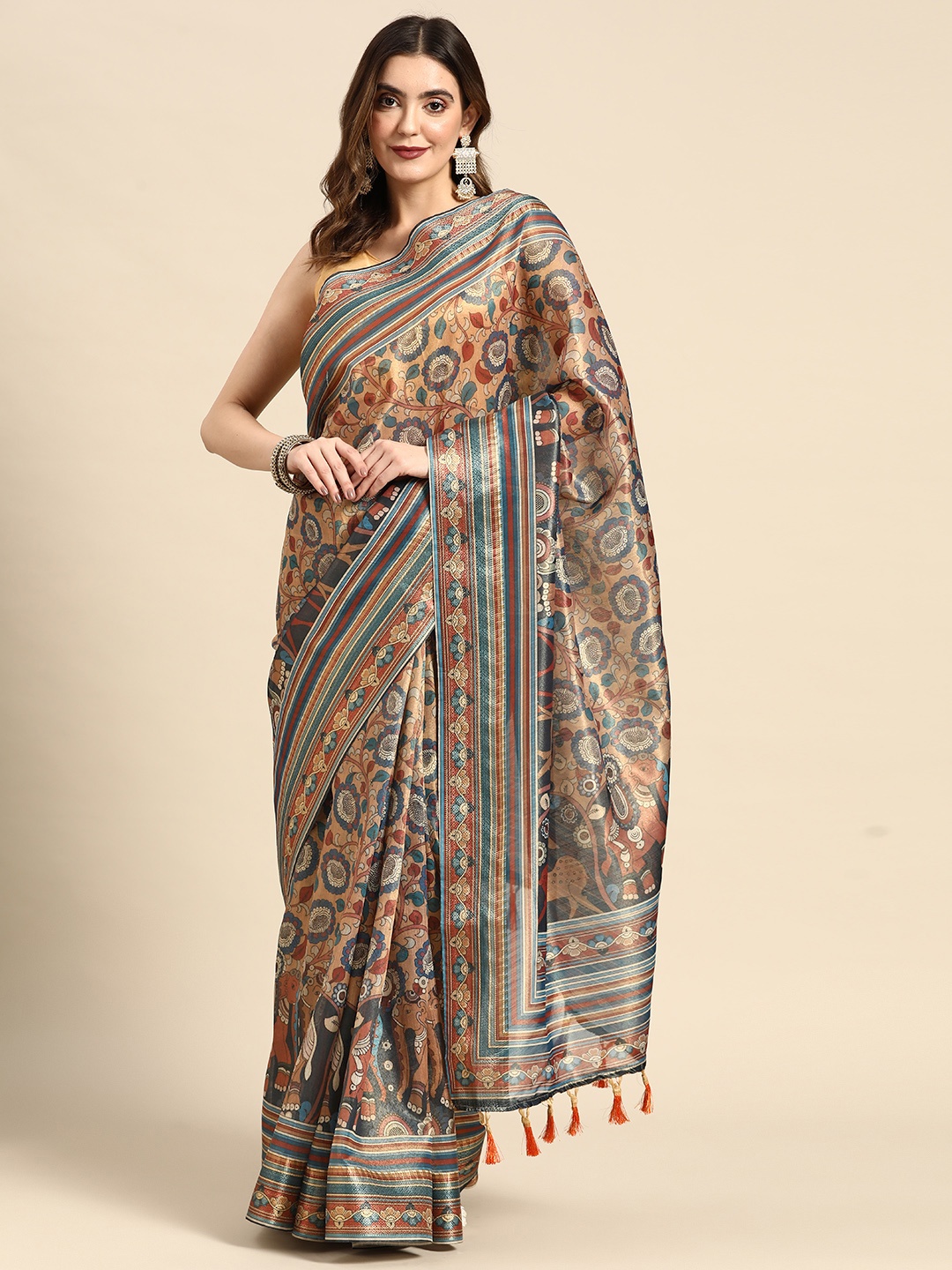 

Kaizen TEXO FAB Floral Linen Blend Maheshwari Saree, Peach