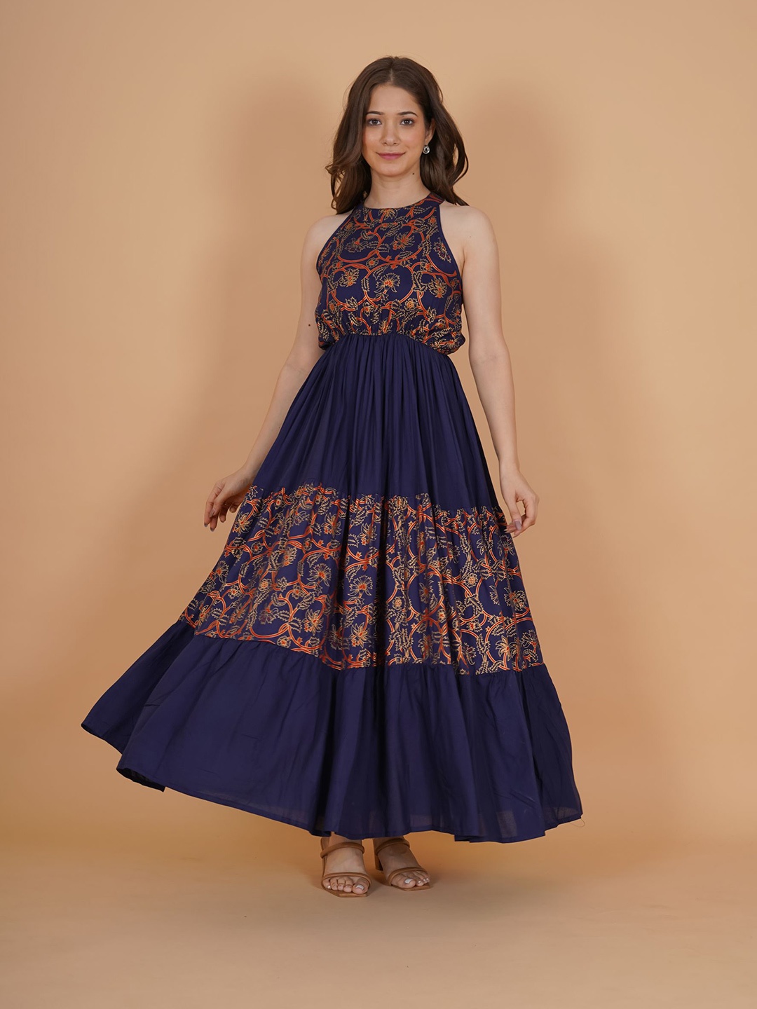 

DRESSAR Ethnic Motifs Printed Maxi Dress, Blue