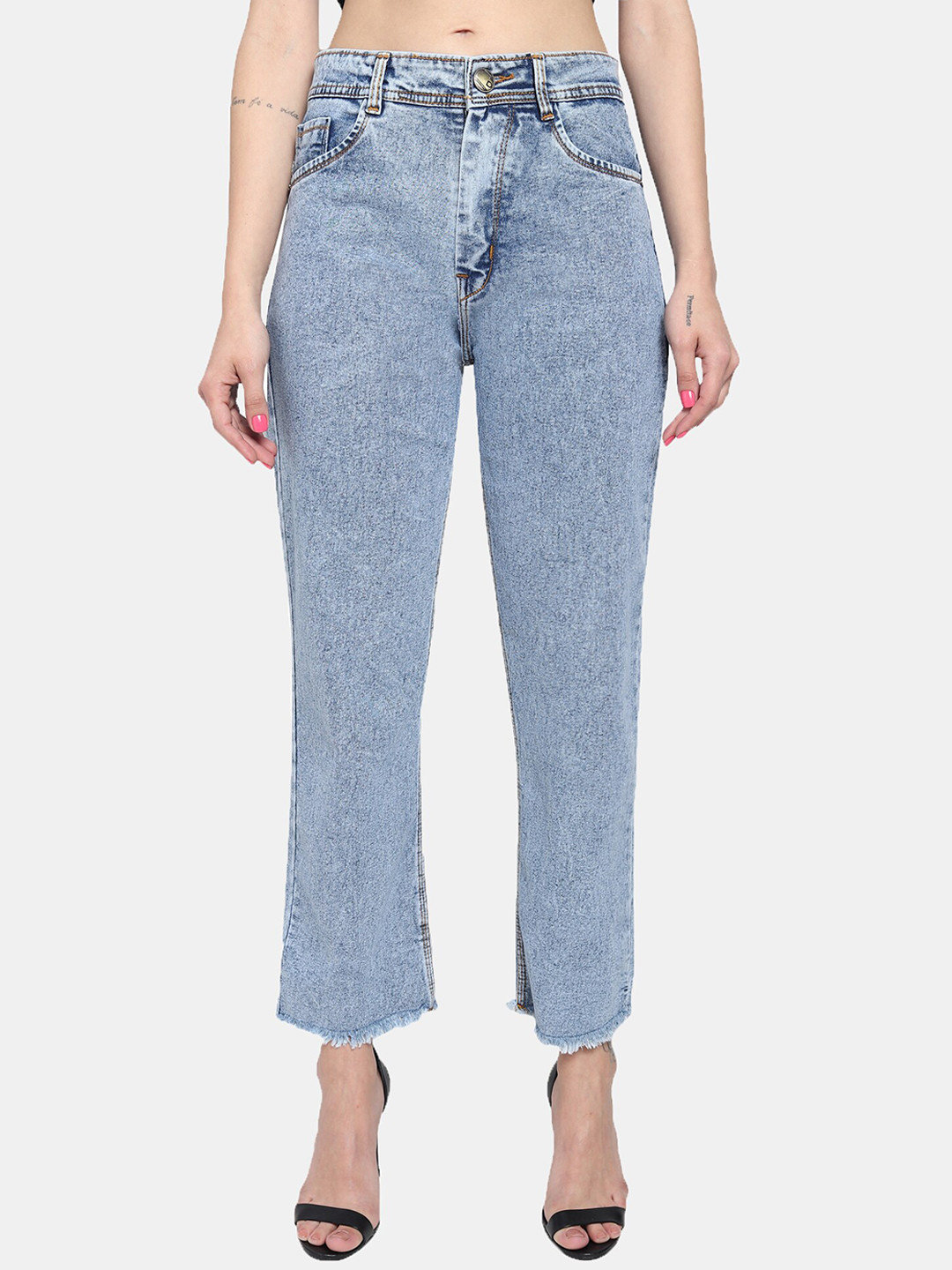 

LIVE OK Women Boyfriend Fit High-Rise Low Distress Cotton Jeans, Blue