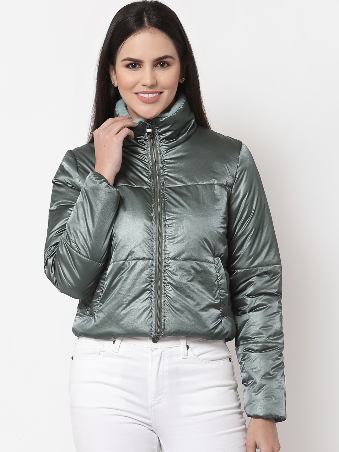 

Juelle Women Mock Collar Nylon Crop Padded Jacket, Silver