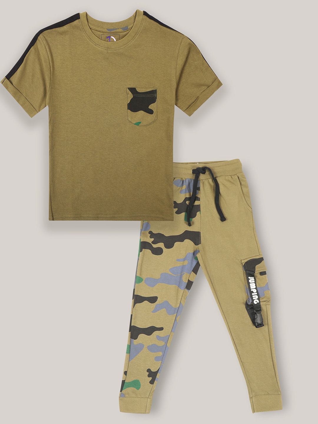 

Jumping Joey Boys Printed Pure Cotton T-shirt with Trousers, Olive