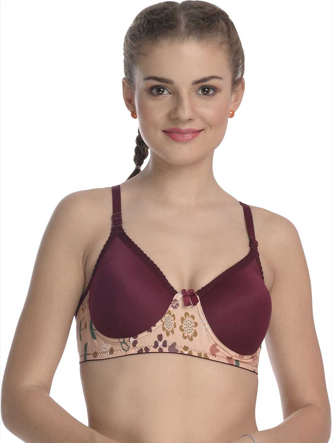 

FIMS Stretchable Cotton Padded Everyday Bra with Printed Detail, Maroon