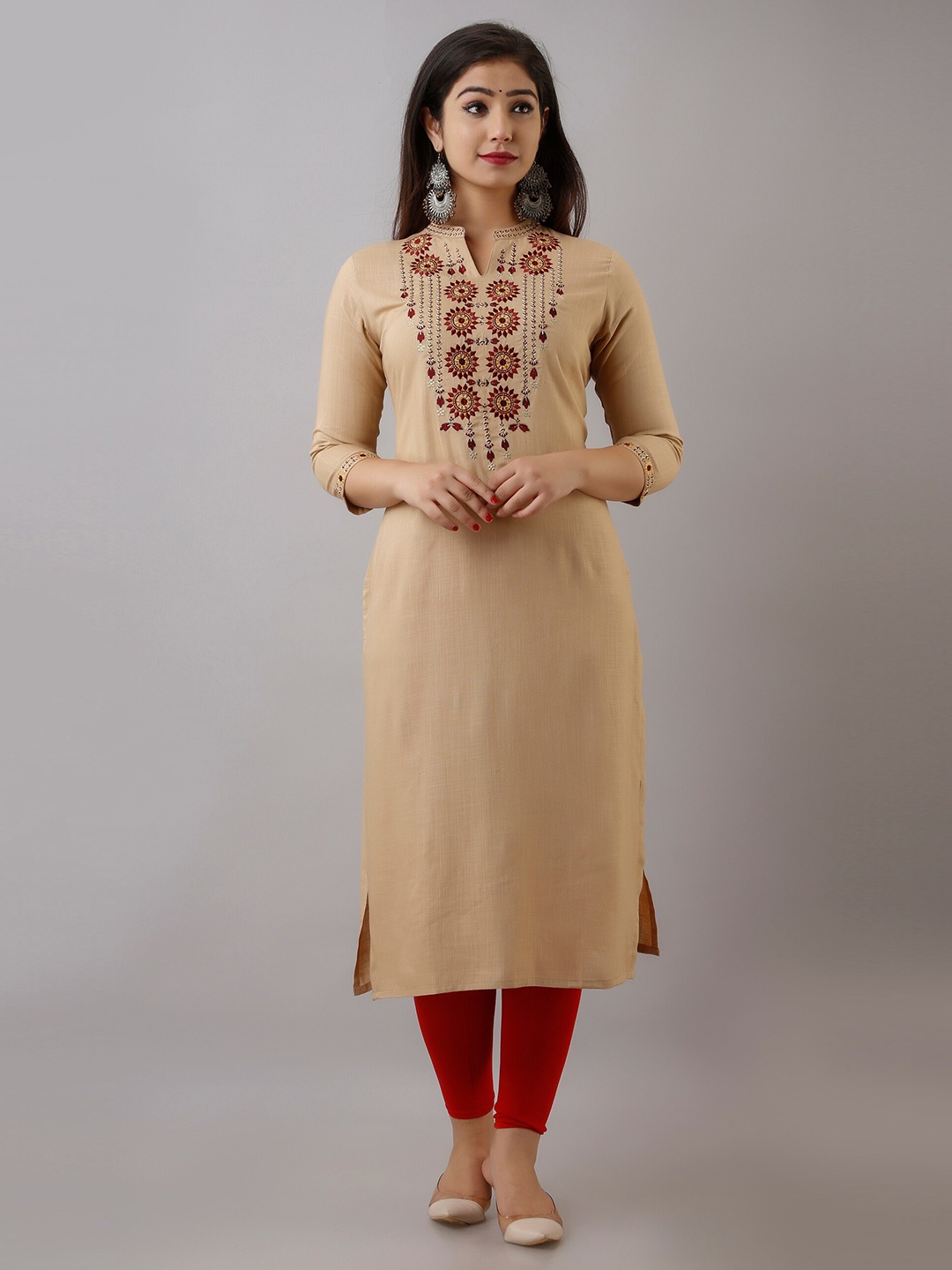 

NITVAN Floral Yoke Design Straight Regular Kurta, Beige