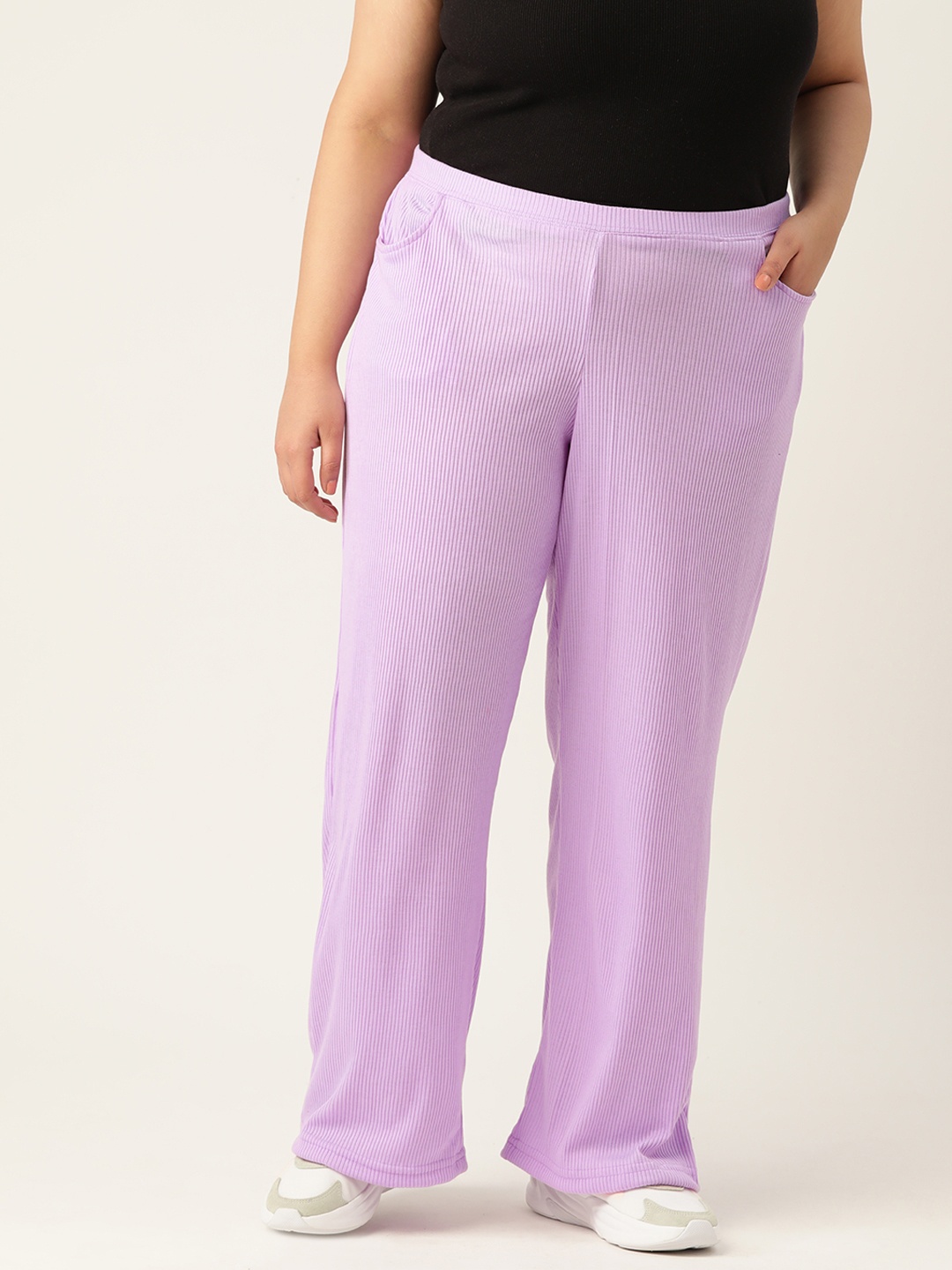 

theRebelinme Plus Size Women Relaxed High-Rise Pure Cotton Trousers, Lavender