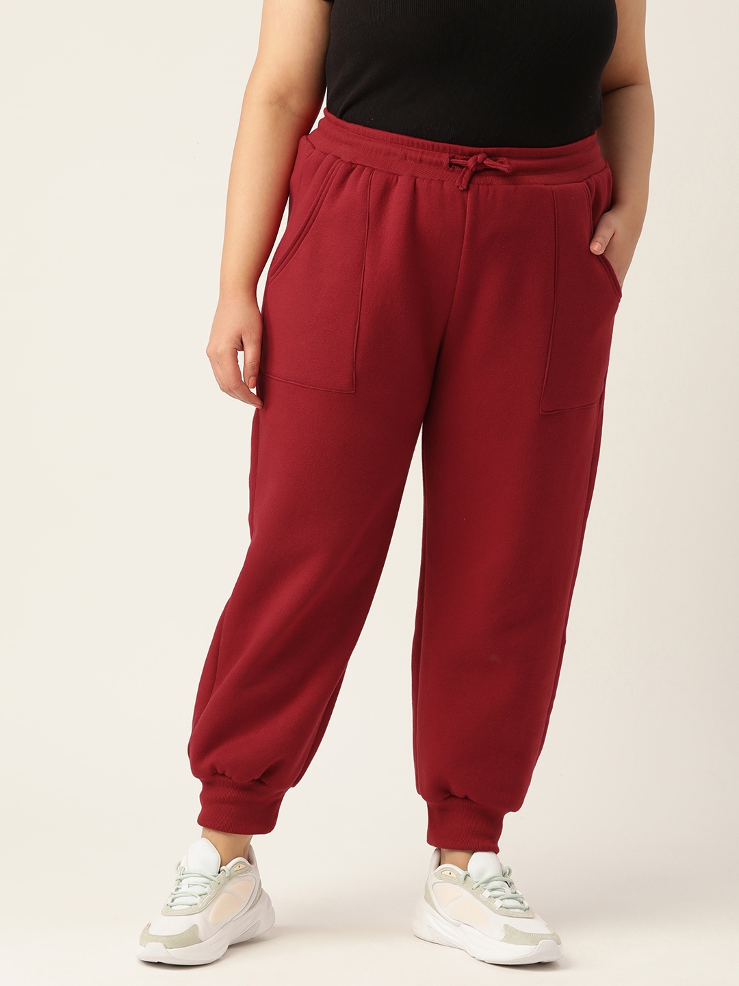 

theRebelinme Plus Size Women Tapered Fit High-Rise Easy Wash Joggers, Maroon
