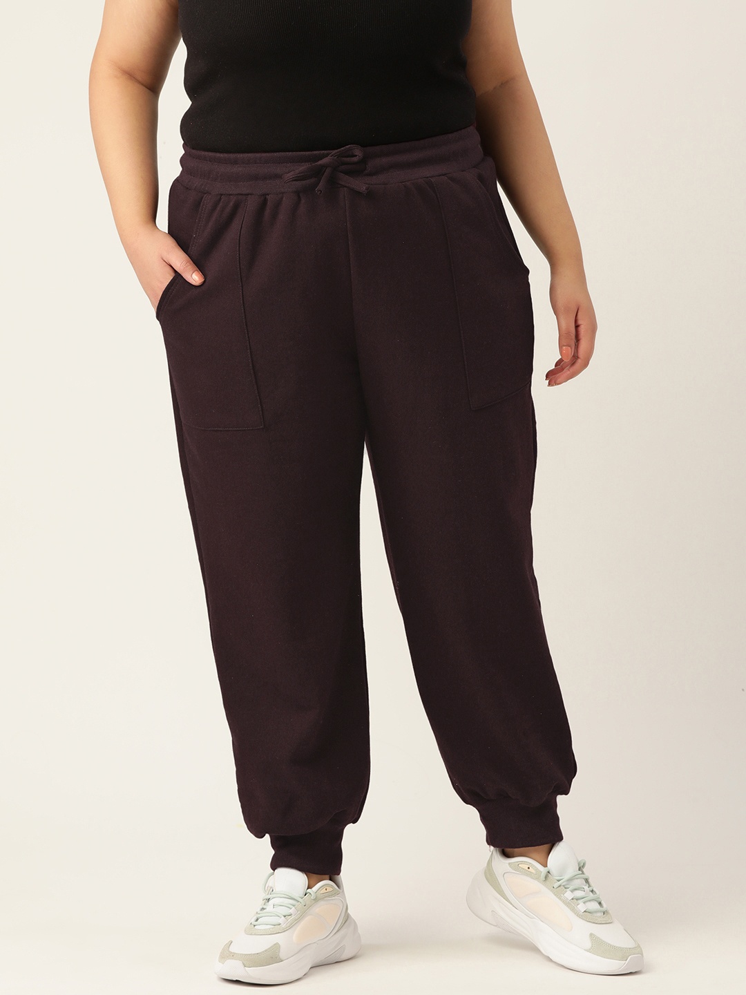 

theRebelinme Plus Size Women Tapered Fit High-Rise Easy Wash Joggers, Brown