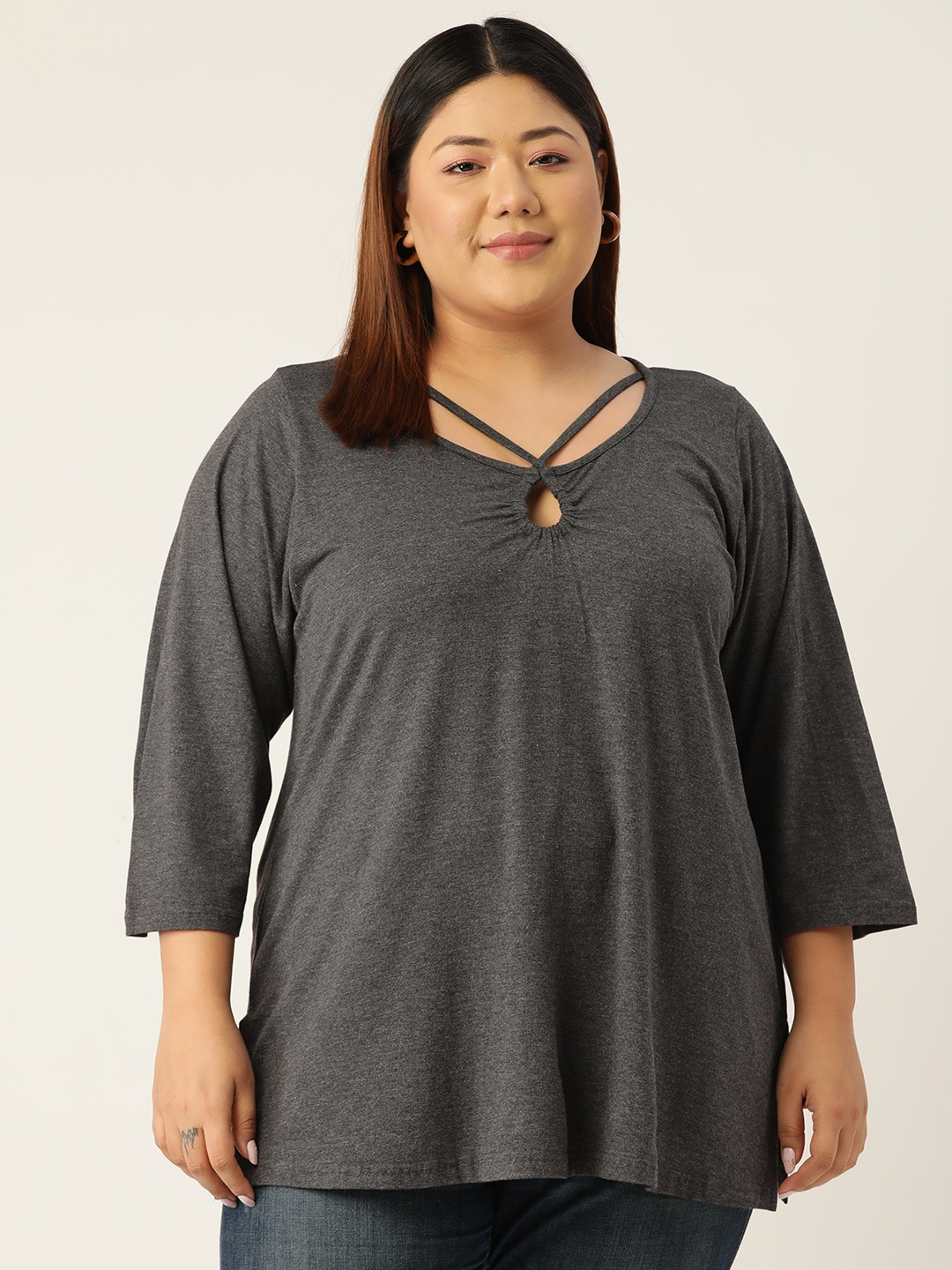 

theRebelinme Plus Size Women Keyhole Neck Longline Top, Grey