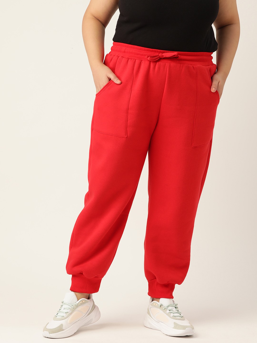 

theRebelinme Plus Size Women Tapered Fit High-Rise Easy Wash Joggers, Red