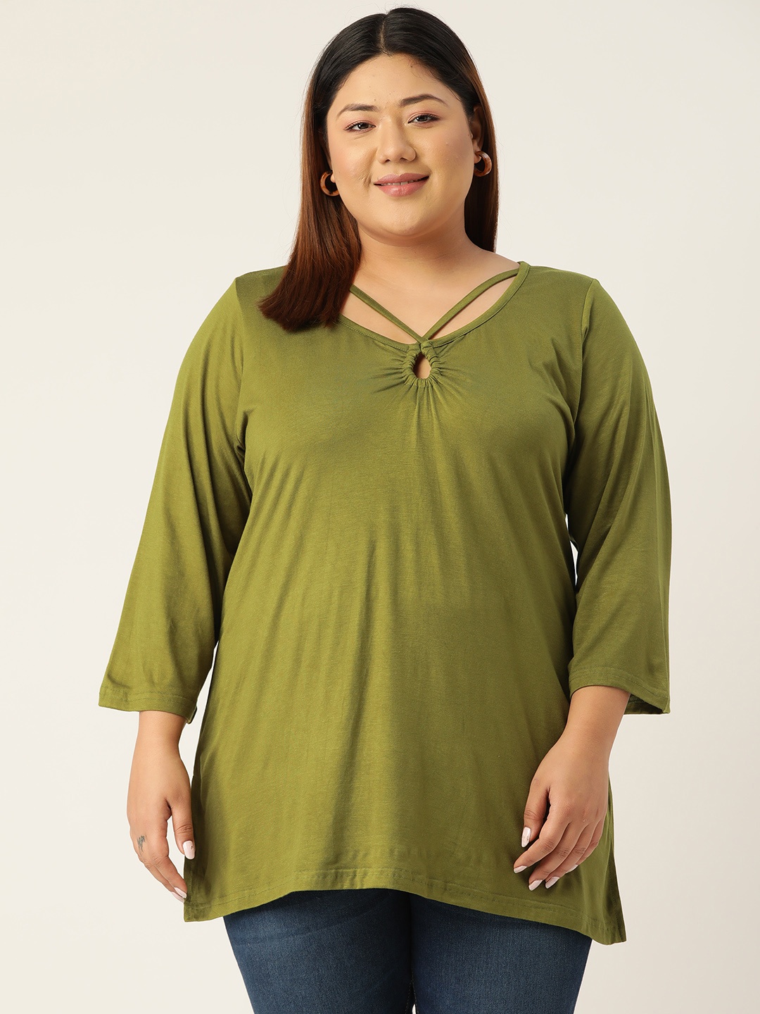 

theRebelinme Plus Size Women Keyhole Neck Longline Top, Olive