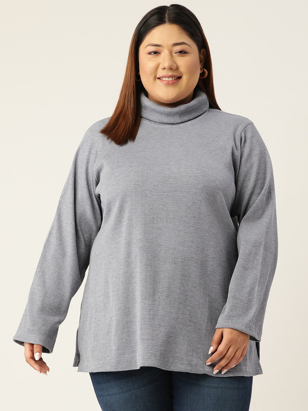 

theRebelinme Plus Size Women Turtle Neck Pure Cotton Top, Grey