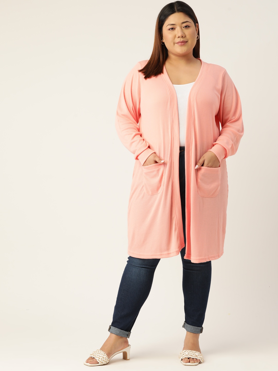 

theRebelinme Plus Size Women Pure Cotton Longline Shrug, Peach