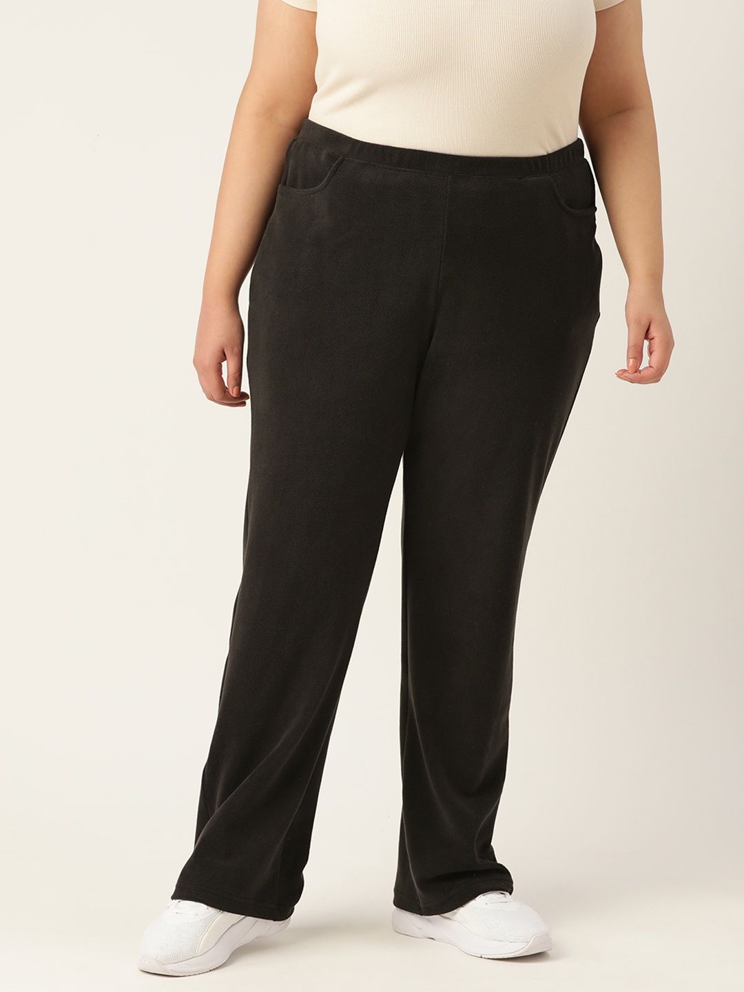 

theRebelinme Plus Size Women Relaxed Straight Fit High-Rise Trousers, Black