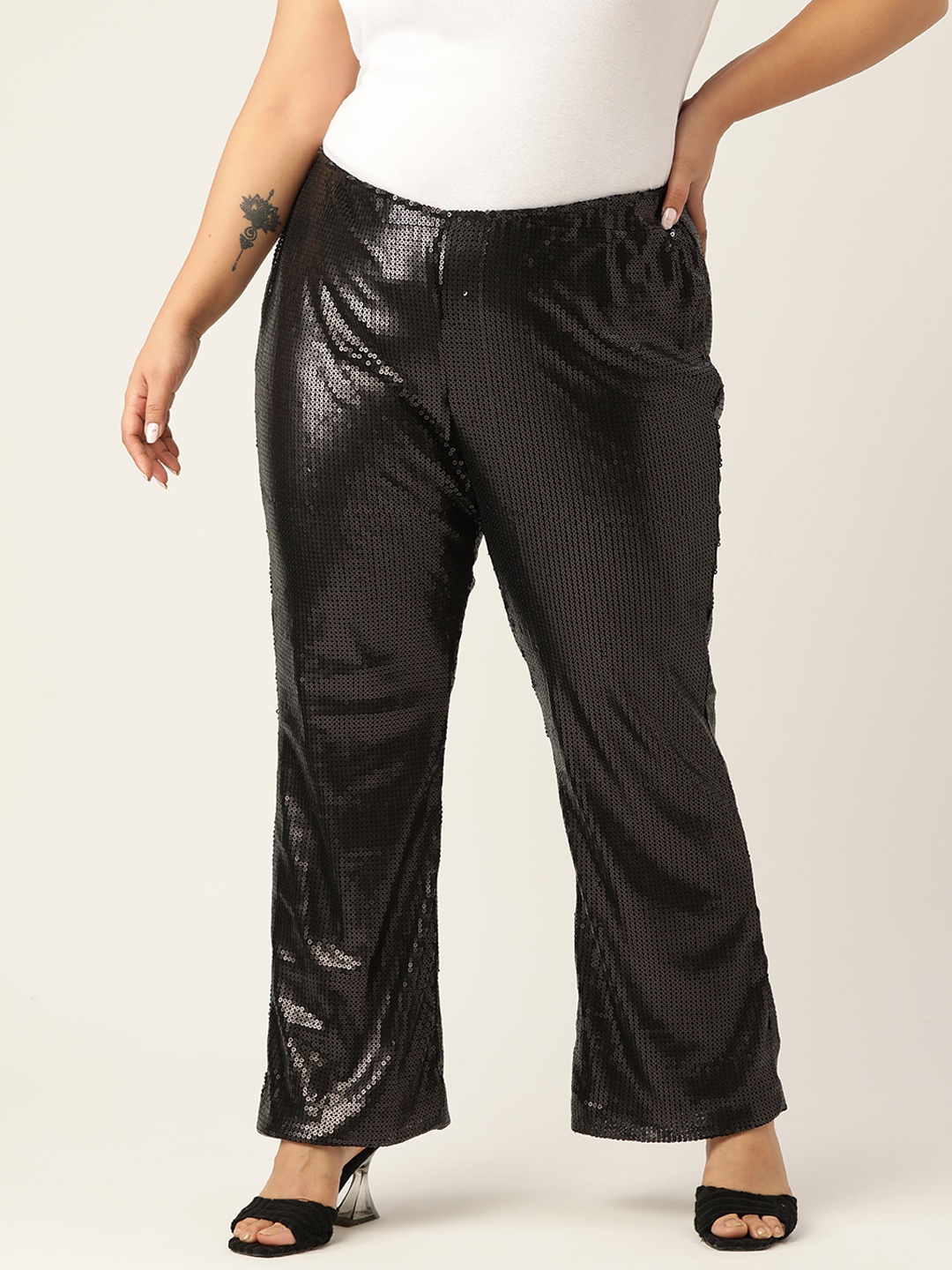 

theRebelinme Plus Size Women Embellished Smart Flared High-Rise Non Iron Trousers, Black