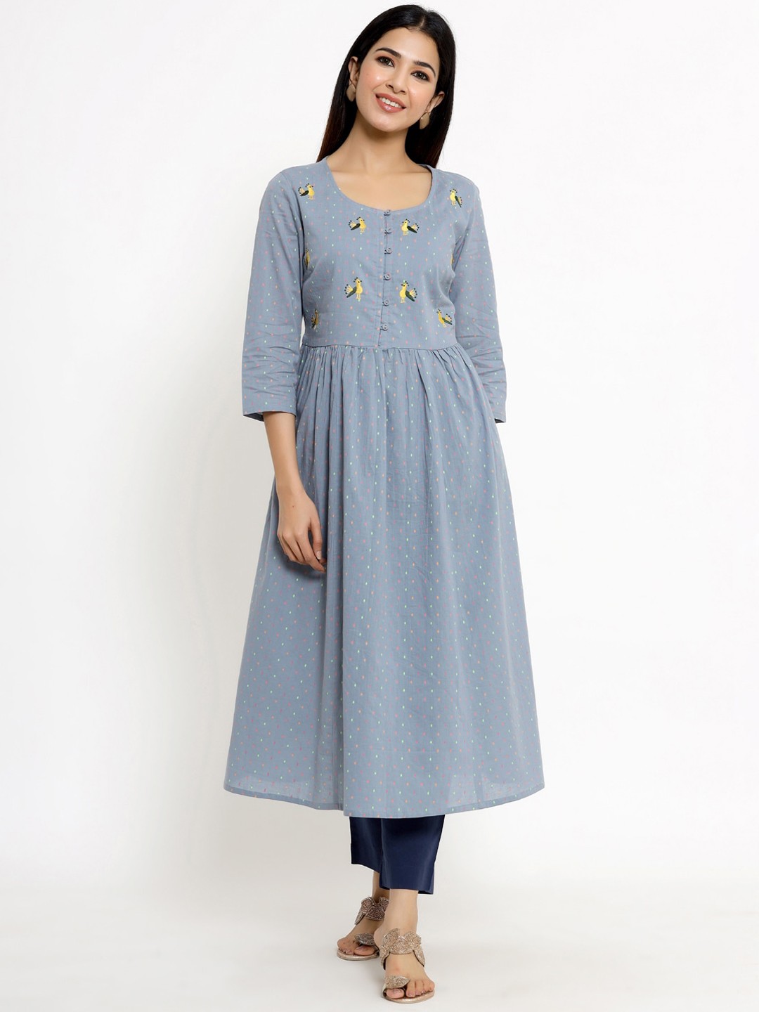 

The Kurta Express Round Neck Printed Thread Work Cotton Anarkali Kurta, Grey