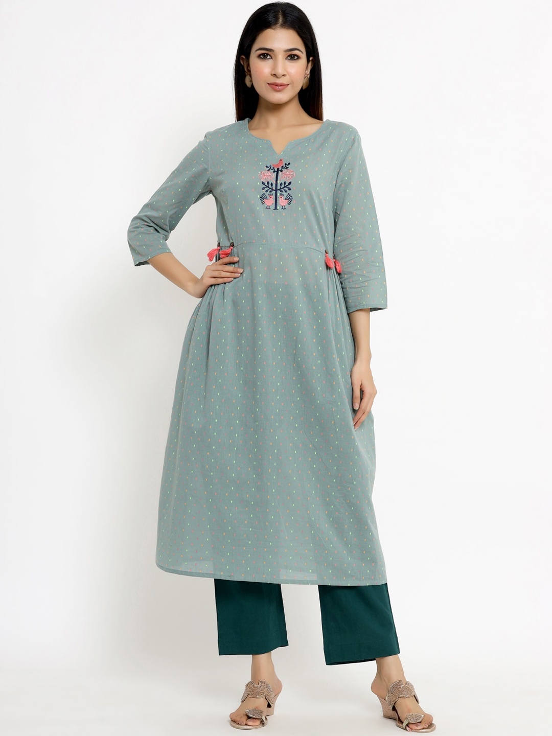 

The Kurta Express Stylised Neck Printed Thread Work Anarkali Cotton Kurtas, Green