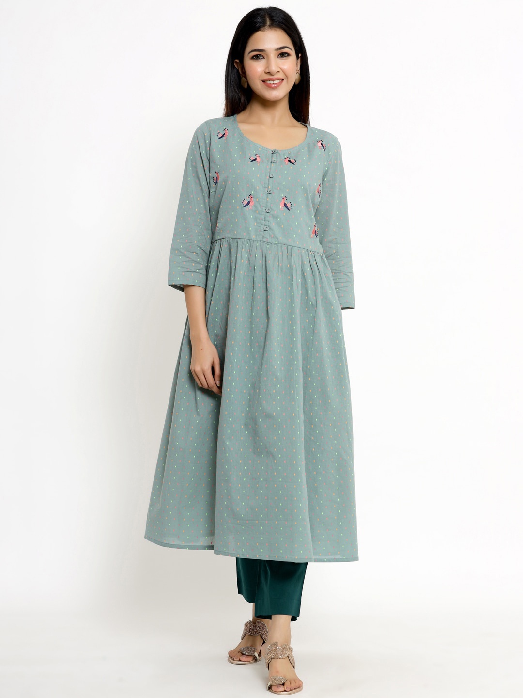 

The Kurta Express Stylised Neck Printed Thread Work Anarkali Cotton Kurtas, Green