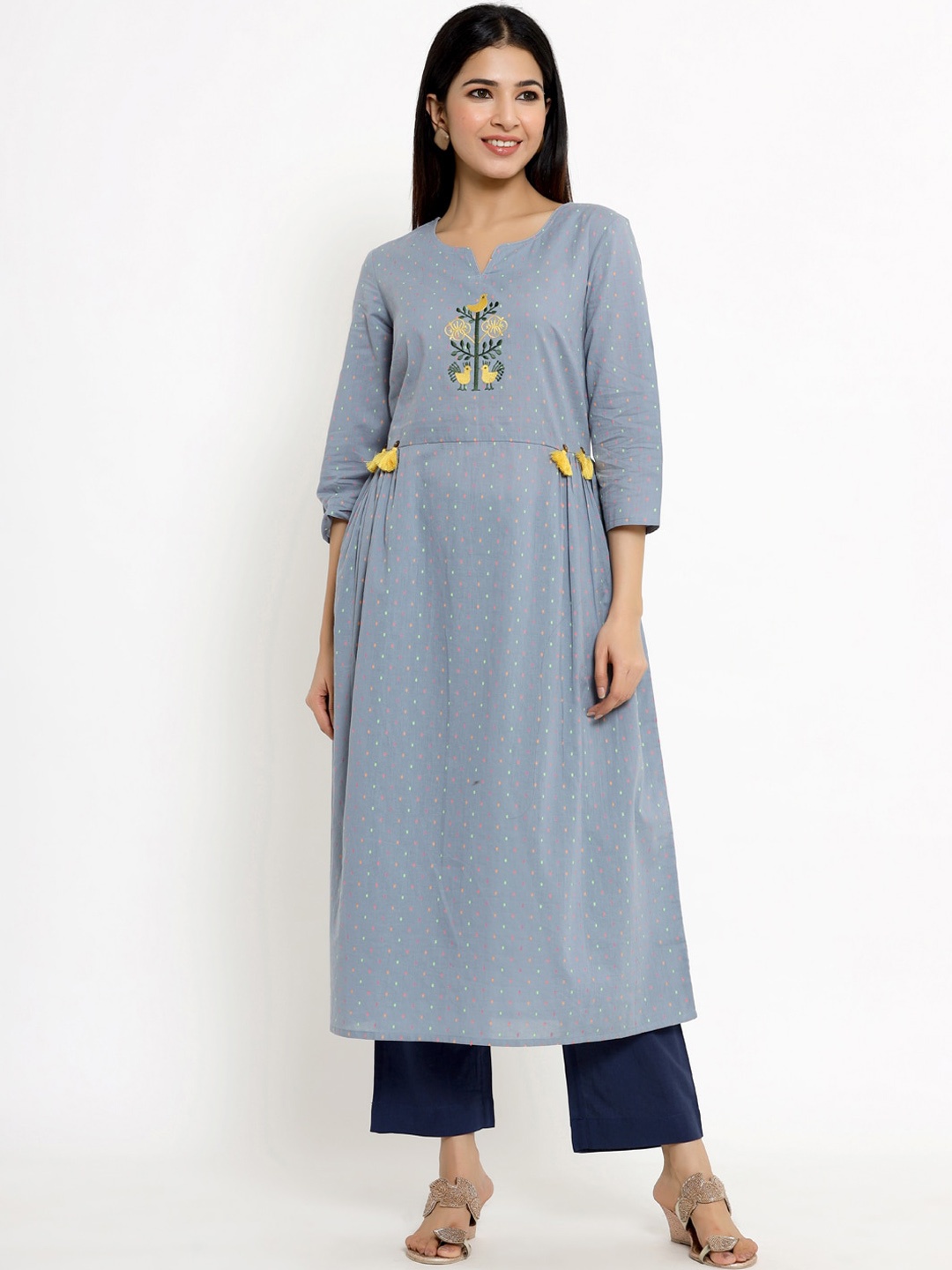 

The Kurta Express Stylised Neck Printed Thread Work Cotton Kurtas, Grey